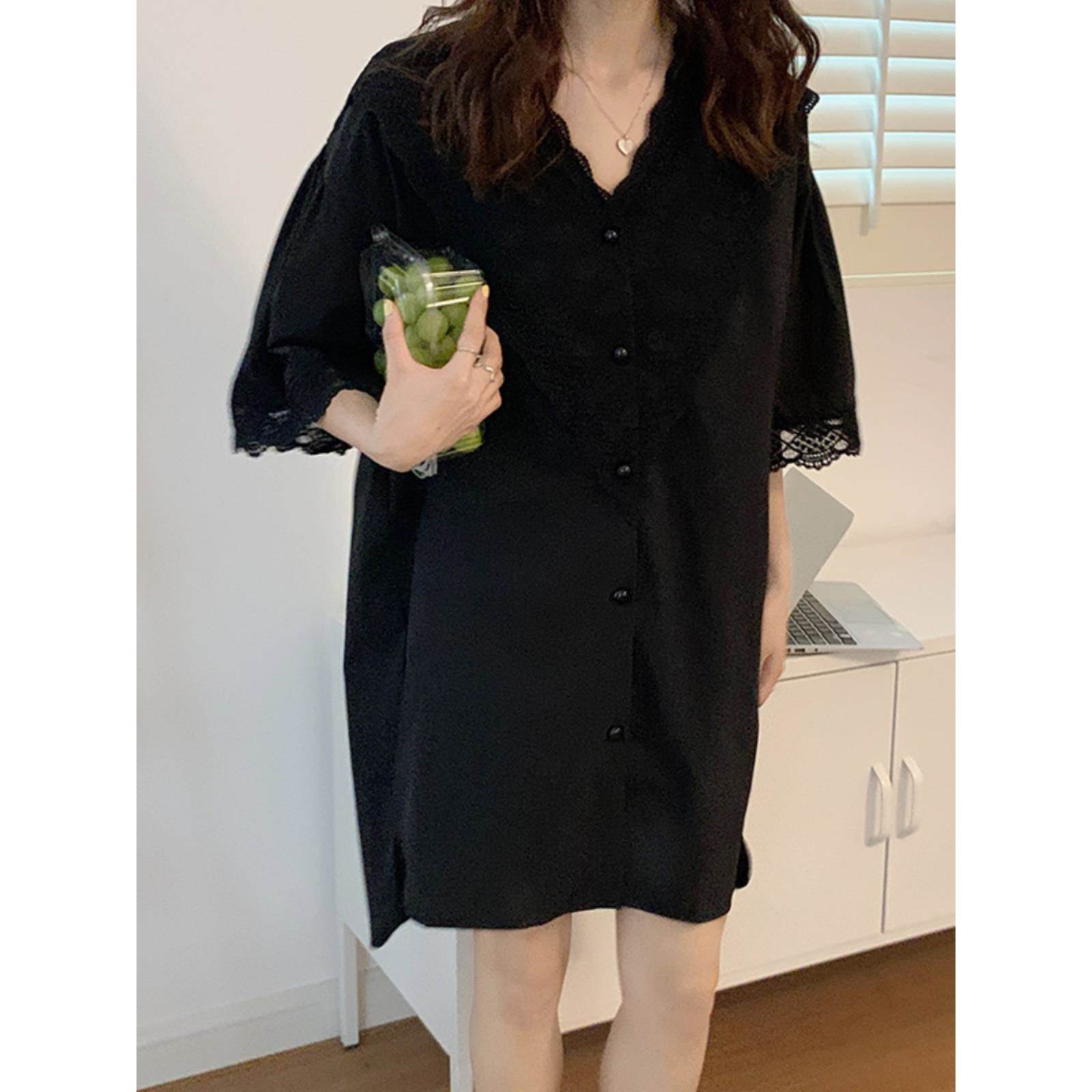 维多利亚睡衣夏季薄款冰丝性感纯欲蕾丝男友风衬衫睡裙女士家居服