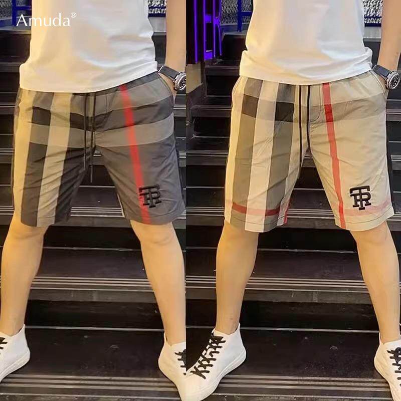 高端冰丝休闲短裤男士夏季薄款男裤沙滩裤子外穿条纹五分中裤男款