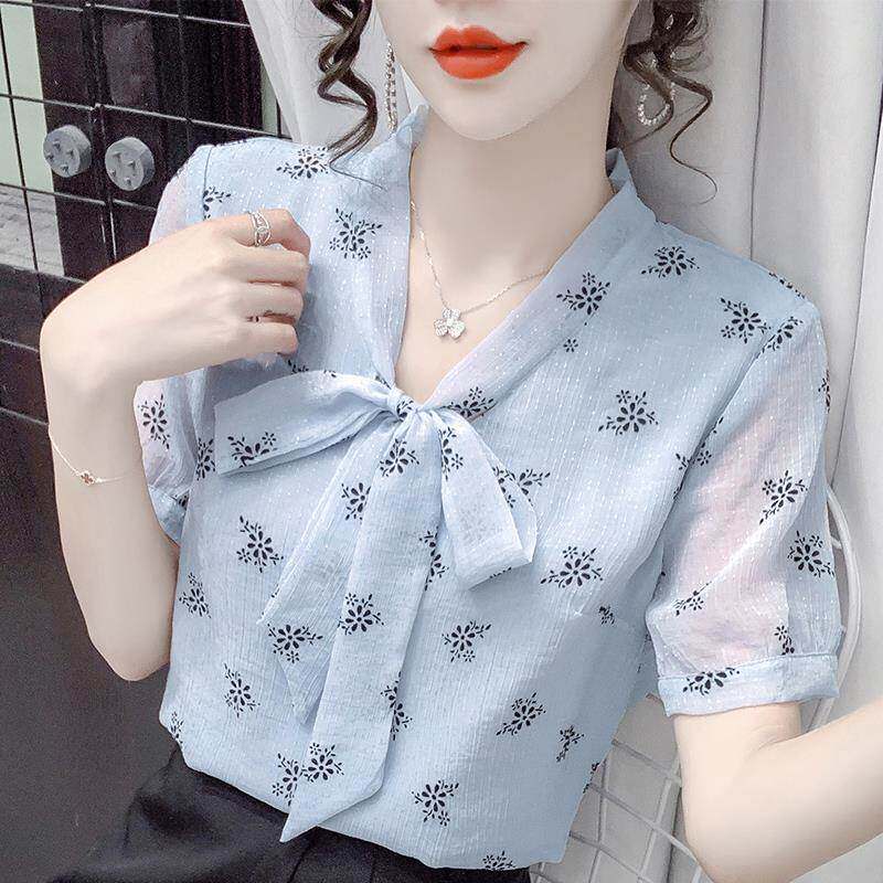 碎花雪纺衬衫女短袖2024年夏季新款洋气减龄设计感小众蝴蝶结上衣