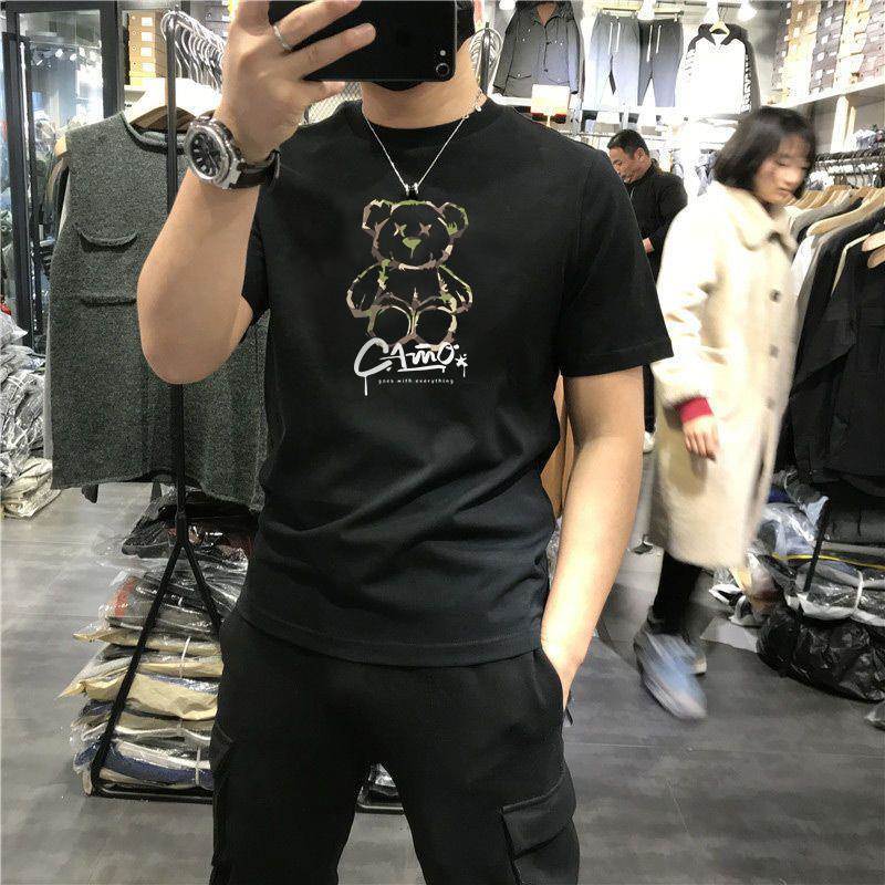 香港潮牌美式迷彩字母短袖t恤男士ins熊印花半袖夏季薄款百搭上衣