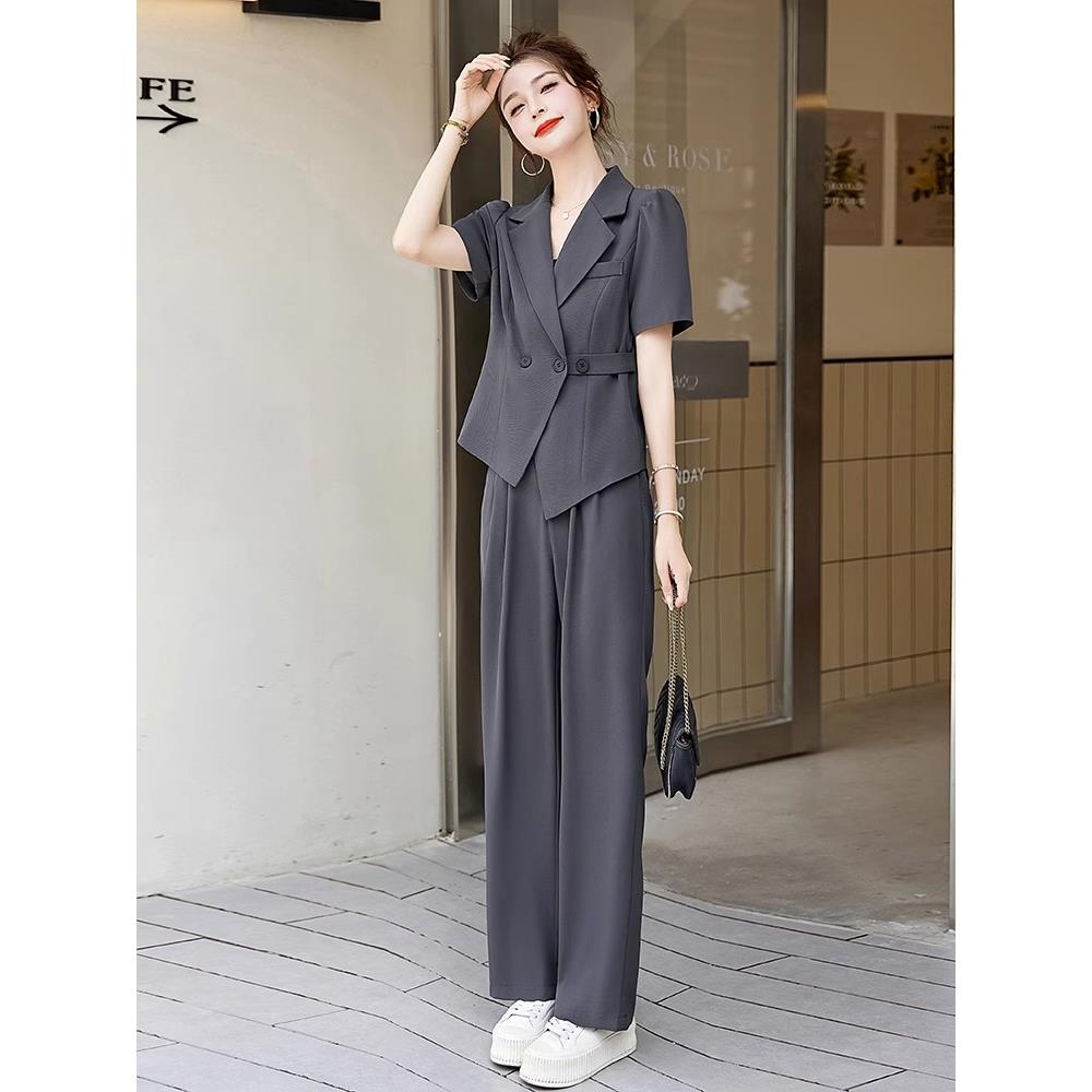 灰色高级感时尚短袖西装套装女2024夏季洋气薄款西服阔腿裤两件套
