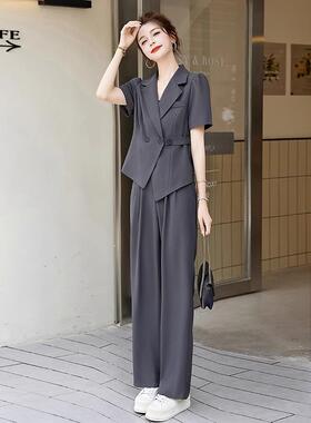 灰色高级感时尚短袖西装套装女2024夏季洋气薄款西服阔腿裤两件套