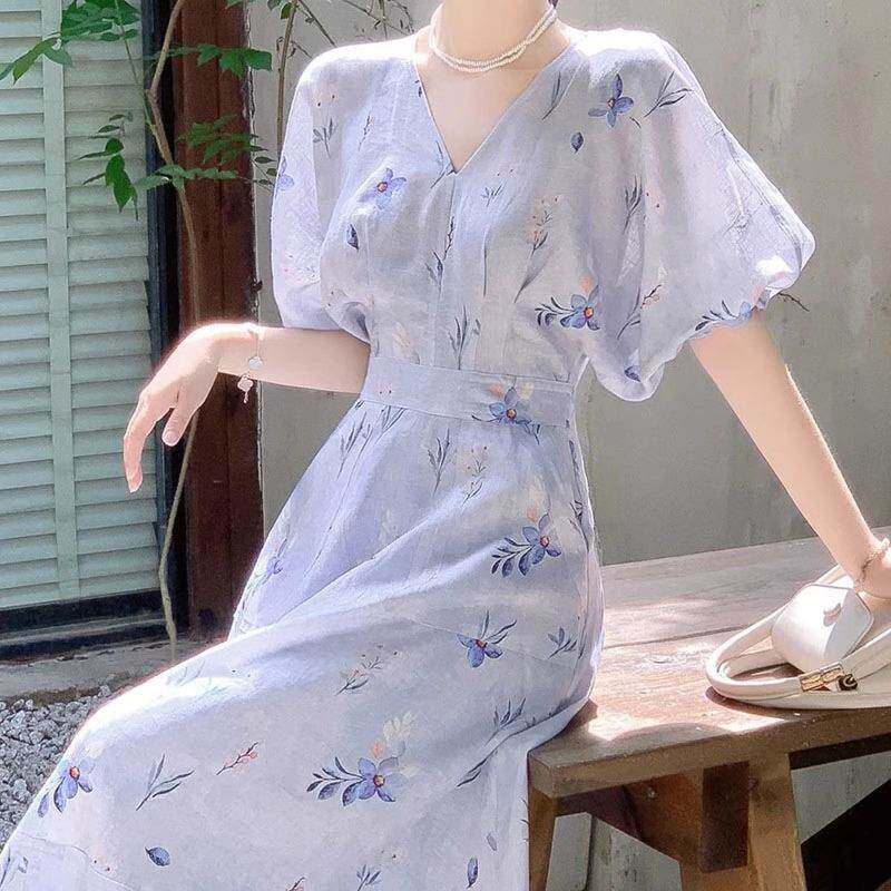 欧洲站2023新款惊艳绝美碎花裙子桔梗国风名媛气质御姐夏季连衣裙