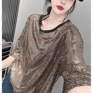 夏装欧货大版中长款T恤女遮屁股时尚大码胖MM短袖亮片重工上衣潮