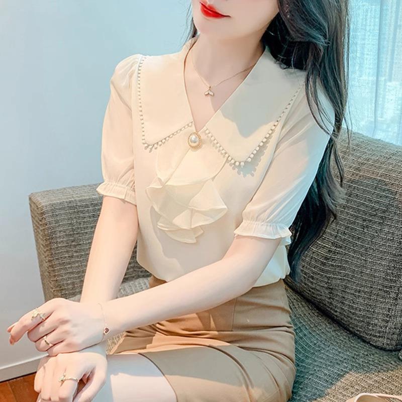 娃娃领雪纺短袖衬衫女士夏季薄款2025新款小香风宽松上衣百搭小衫