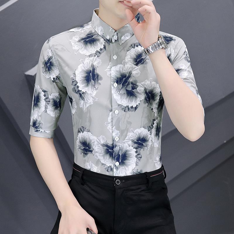 高级感男士中袖花衬衫短袖夏季韩版修身免烫高端印花七分半袖衬衣