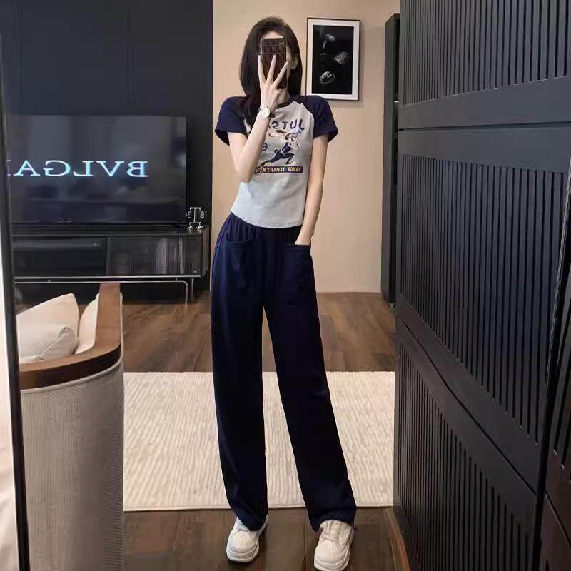 欧洲站运动休闲套装女夏季2024新款时尚洋气显瘦短袖阔腿裤两件套