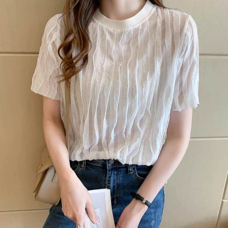 欧洲站短袖t恤女2024新款夏季薄款设计感小众宽松半袖雪纺上衣潮