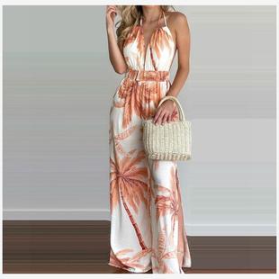 Halter Print Tropical Jumpsuit Side Slit Backless 系帶連體褲