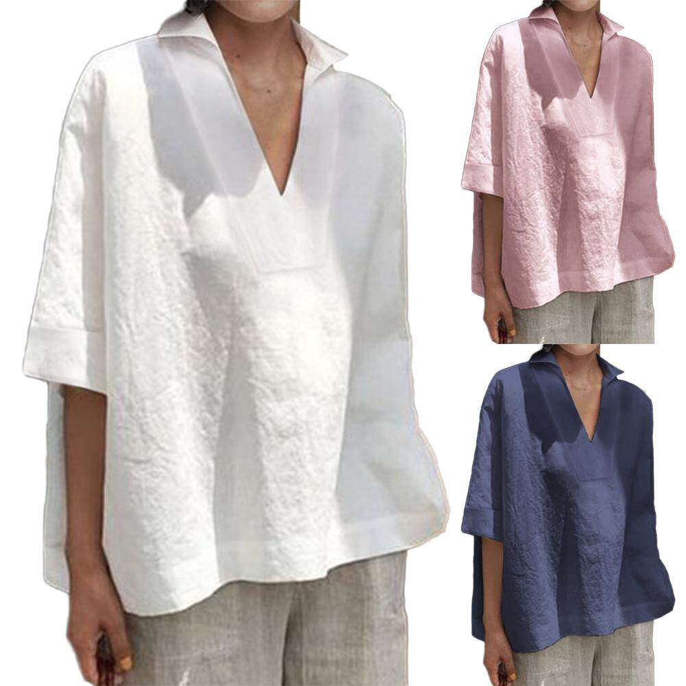 Loose casual lapel solid shirt宽松休闲翻领五分袖纯色女士衬衫