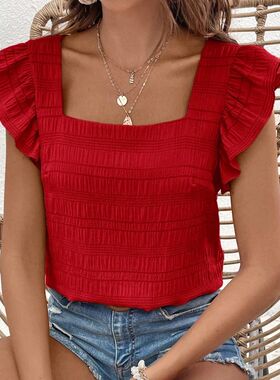 Spring/Summer New Square Collar Ruffle Edge Shirt Top 女短袖