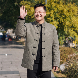 新中式唐装男立领盘扣羊毛外套中老年人爸爸装加厚休闲羽绒服冬装
