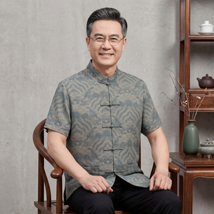 新中式唐装男中老年短袖薄款衬衫爸爸夏装冰丝套装爷爷中国风男装