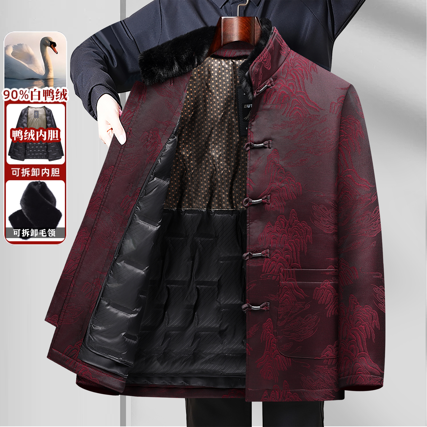 冬季唐装男款羽绒拆卸内胆外套中老年爸爸婚宴装爷爷生日寿星衣服
