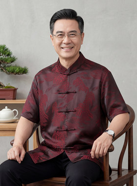 中国风唐装男短袖夏季薄款中老年人爸爸休闲冰丝绸缎爷爷衣服套装