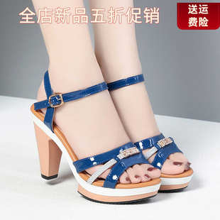 【新款手工鞋】跟凉鞋女款新款夏季粗跟妈妈鞋中年凉皮鞋中跟软底