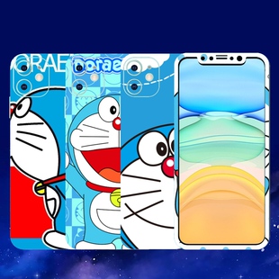 适用苹果Se3卡通钢化彩膜x定制iPhone8plus手机背膜贴纸7蓝胖子6s