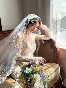 麦穗边复古高级感长款大拖尾头纱超仙森系新娘结婚蕾丝花边头纱