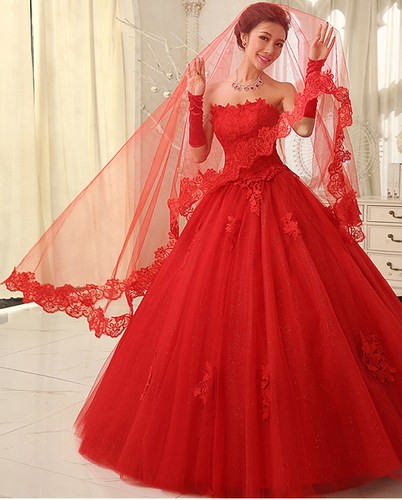 花边单层超长拖尾红色配件头纱