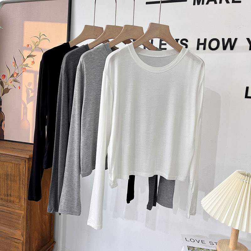 莫代尔短款长袖T恤女夏2022新款圆领宽松显瘦休闲百搭打底衫上衣,女装/女士精品,T恤,淘宝优惠券,粉丝福利购,淘宝优惠卷