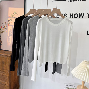 莫代尔短款长袖T恤女夏2022新款圆领宽松显瘦休闲百搭打底衫上衣