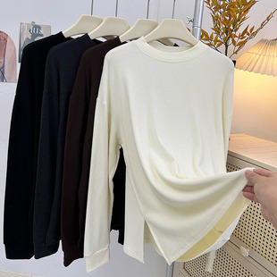 基础款 厚女 软糯纯色宽松德绒下摆开叉长袖 T恤圆领内搭上衣打底衫