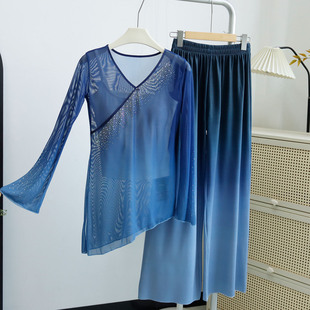 飘逸渐变喇叭袖 网纱艺考中国古典舞练功服不规则舞蹈服 纱衣女长袖