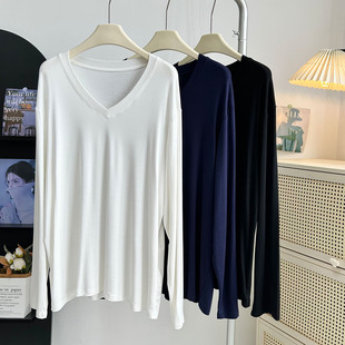 设计感遮屁股显瘦纯色打底上衣薄 T恤女2025夏秋新款 V领中长款 长袖