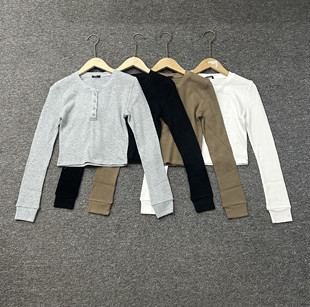 T恤打底衫 3.28女装 亨利领长袖 显瘦短款 上衣女 纯色华夫格修身