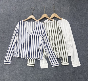 条纹衬衫 3.20源货夏季 百搭显瘦长袖 v领时尚 女0.14KG 薄款