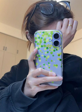 绿色lucky四叶草适用苹果17pro手机壳IP16plus透明15太空壳14软13