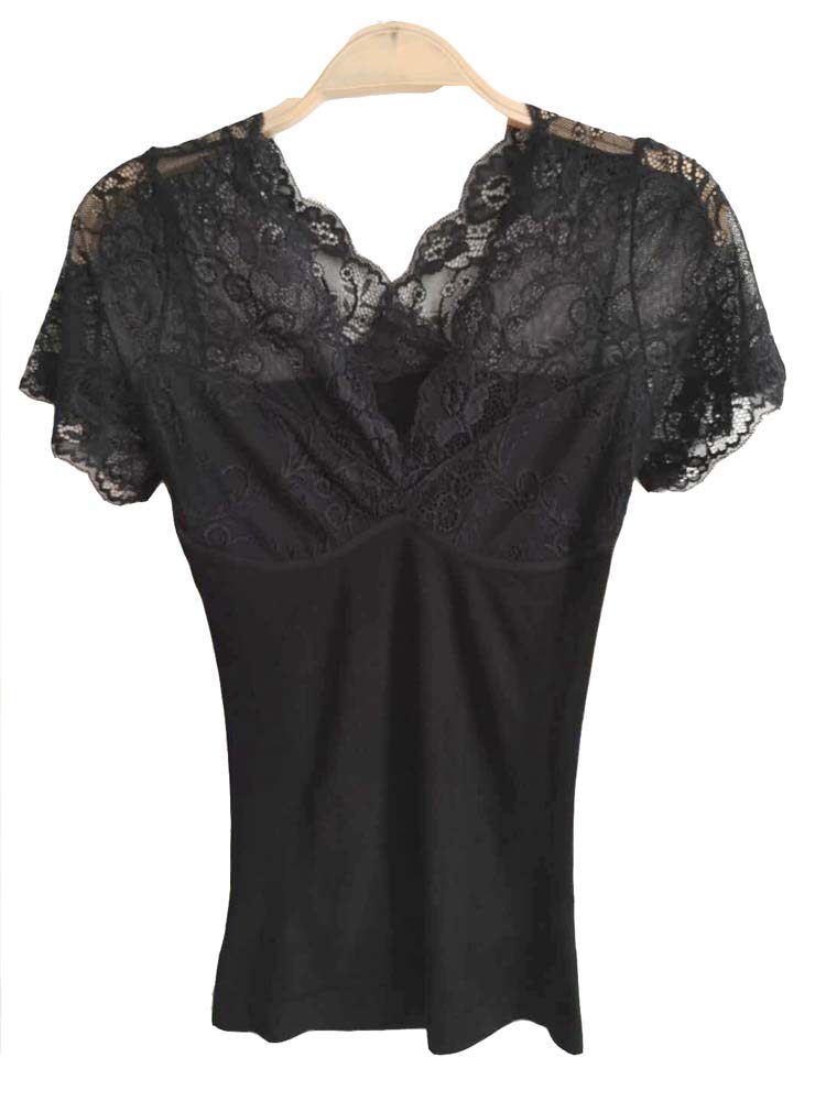 秋季性感蕾丝边双面深V 单穿女打底上衣女韩版修身针织棉黑色短袖