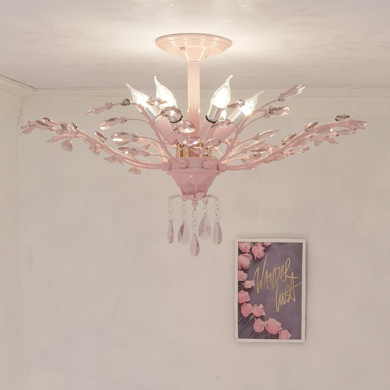 粉色田园儿童房吸顶灯温馨浪漫公主房卧室灯铁艺书房装饰水晶灯饰