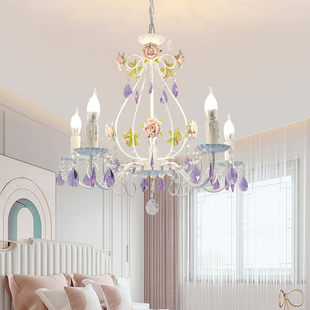 温馨田园卧室水晶灯浪漫女孩公主房儿童灯铁艺客厅花草灯玫瑰吊灯