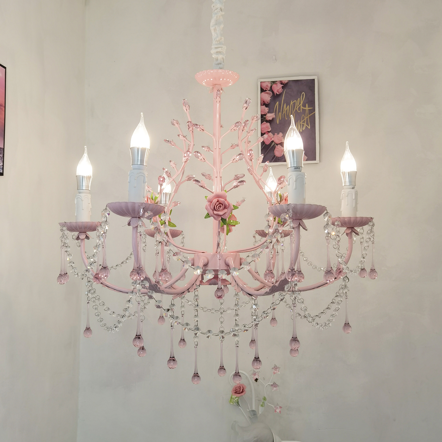 新款田园公主房水晶玫瑰吊灯铁艺温馨卧室儿童灯饰创意少女房灯具