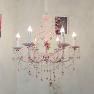 新款田园公主房水晶玫瑰吊灯铁艺温馨卧室儿童灯饰创意少女房灯具