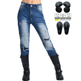 水洗做旧洗破洞机车牛仔裤 Winx Wheels 摩托车女骑行裤 复古直筒裤