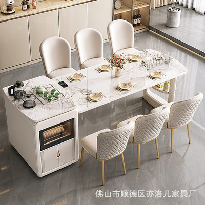 轻奢岩板餐桌家用小户型简约现代带电磁炉可伸缩多功能岛台餐桌椅