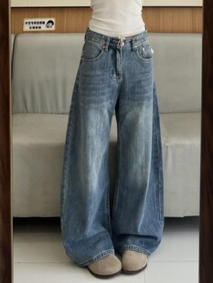 美式复古水洗阔腿牛仔裤女2026春秋新款高腰宽松显瘦直筒拖地裤子