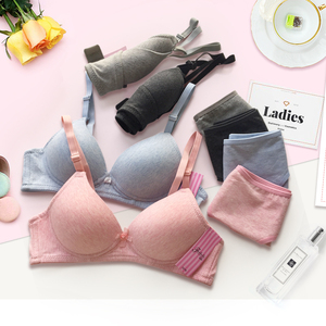 夏季少女纯棉文胸套装小胸无钢圈内衣a杯两排扣薄款学生胸罩套装