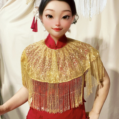 重工钉珠云肩夏季透气金色订婚结婚婚礼礼服中式旗袍披肩外披外搭