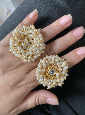 印度小米珠花朵多层立体欧美圆形镂空复古民族风夸张大戒指印度舞