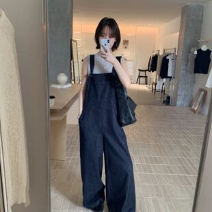 韩国chic深蓝色宽松牛仔背带裤女牛仔裤秋季款复古松弛慵懒感裤子