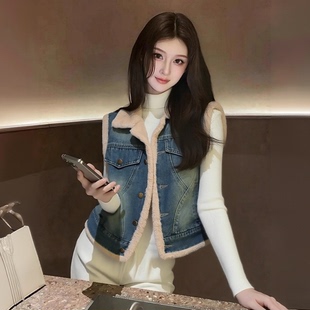 加绒棉服牛仔马甲女冬季外穿百搭小个子棉衣背心设计外套坎肩马夹