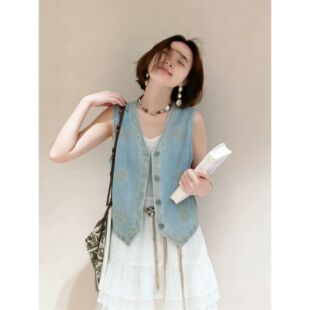 韩版复古气质修身无袖牛仔马甲女夏季新款外搭小众显瘦百搭上衣潮