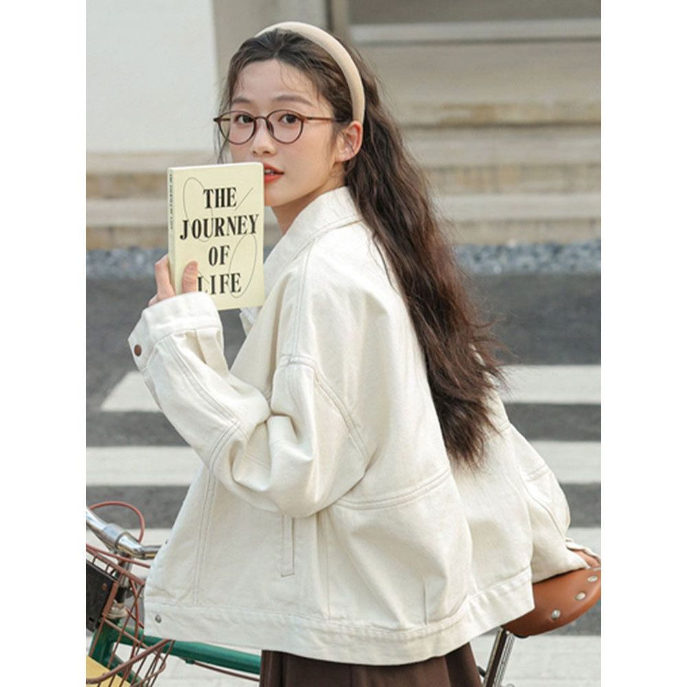 复古白色工装牛仔外套女春秋2026新款慵懒风宽松短款精致夹克上衣