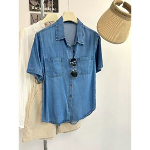 垂感天丝薄牛仔衬衫女polo半袖夏季设计感衬衣港风复古短袖上衣