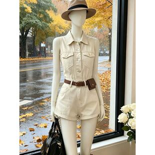 法式卡其色牛仔套装女2026夏季新款工装风无袖马甲高腰显瘦短裤子