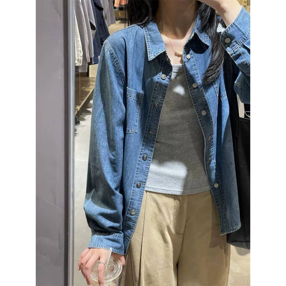 港风休闲长袖牛仔衬衫女夏季春秋宽松衬衣开衫外套慵懒风气质上衣