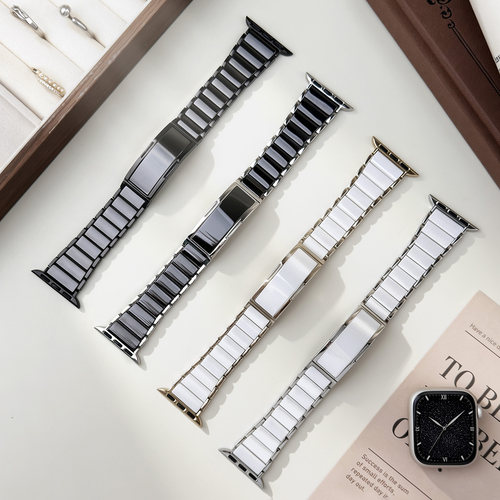 适用苹果手表s12陶瓷表带se3快拆扣链式iwatch11金属双色1098腕带